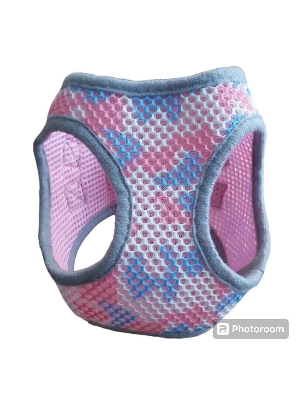 XS Pink/Blue/White Dog Harness with Safety Lock, Hook and Loop Closure, Dbl Loop